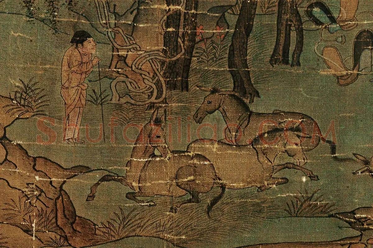 青绿山水人物画《明皇幸蜀图》高清大图局部细节 (4)