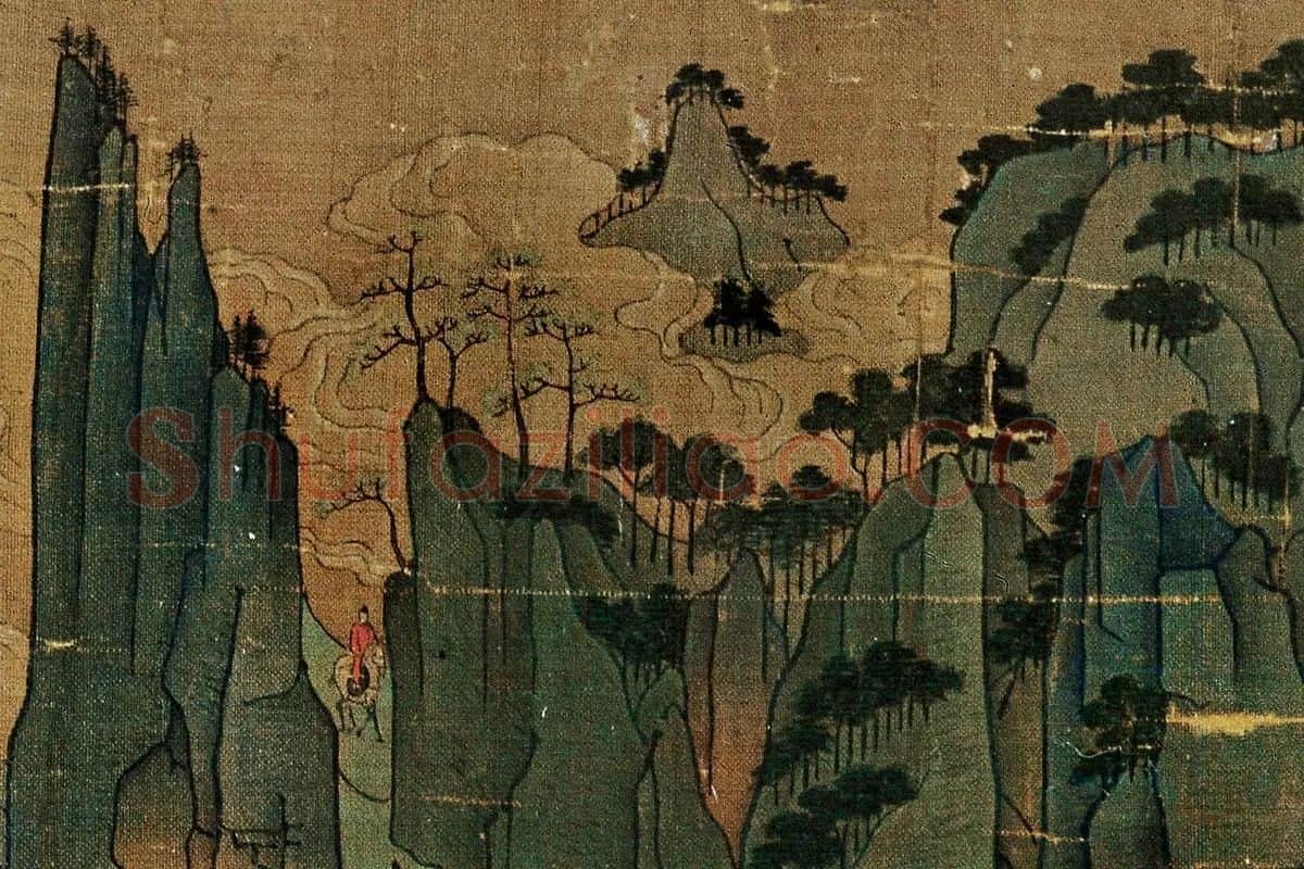 青绿山水人物画《明皇幸蜀图》高清大图局部细节 (9)