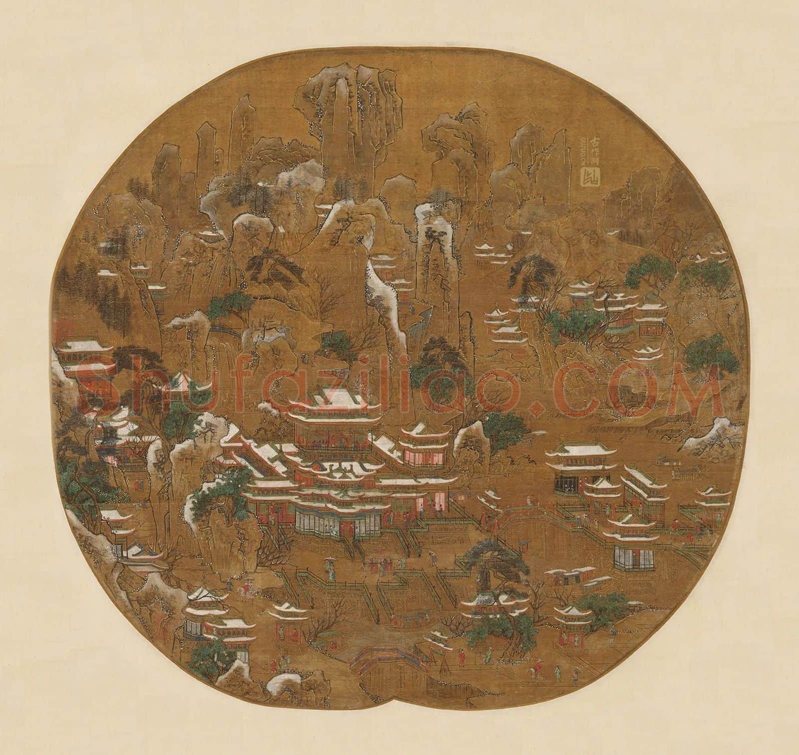李思训青绿山水楼阁《京畿瑞雪图》纨扇扇面