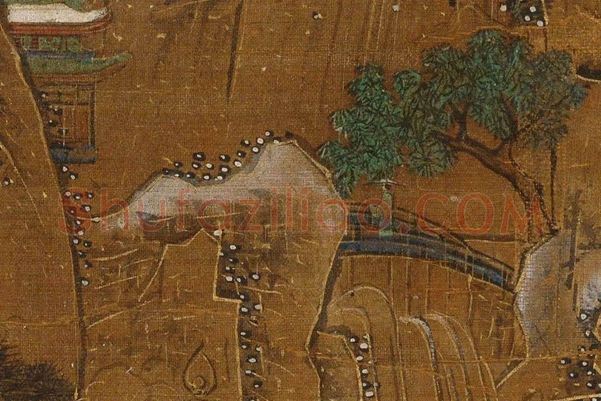 青绿山水楼阁《京畿瑞雪图》高清大图局部细节 (1)