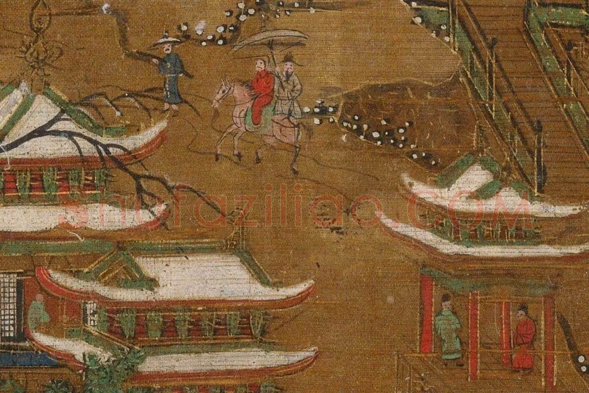 青绿山水楼阁《京畿瑞雪图》高清大图局部细节 (8)