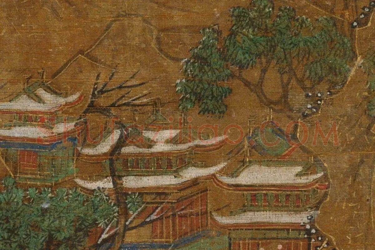 青绿山水楼阁《京畿瑞雪图》高清大图局部细节 (13)