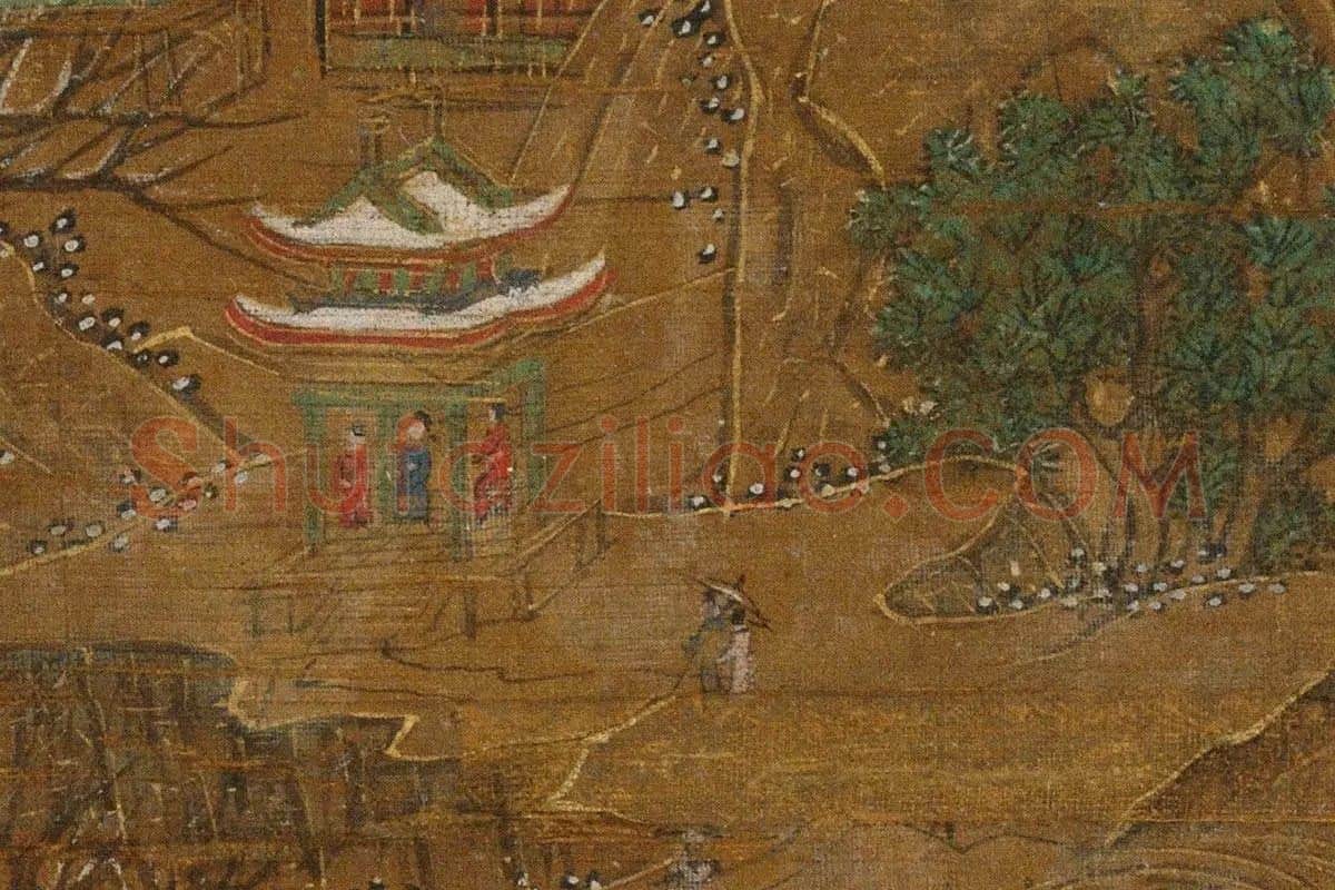 青绿山水楼阁《京畿瑞雪图》高清大图局部细节 (14)