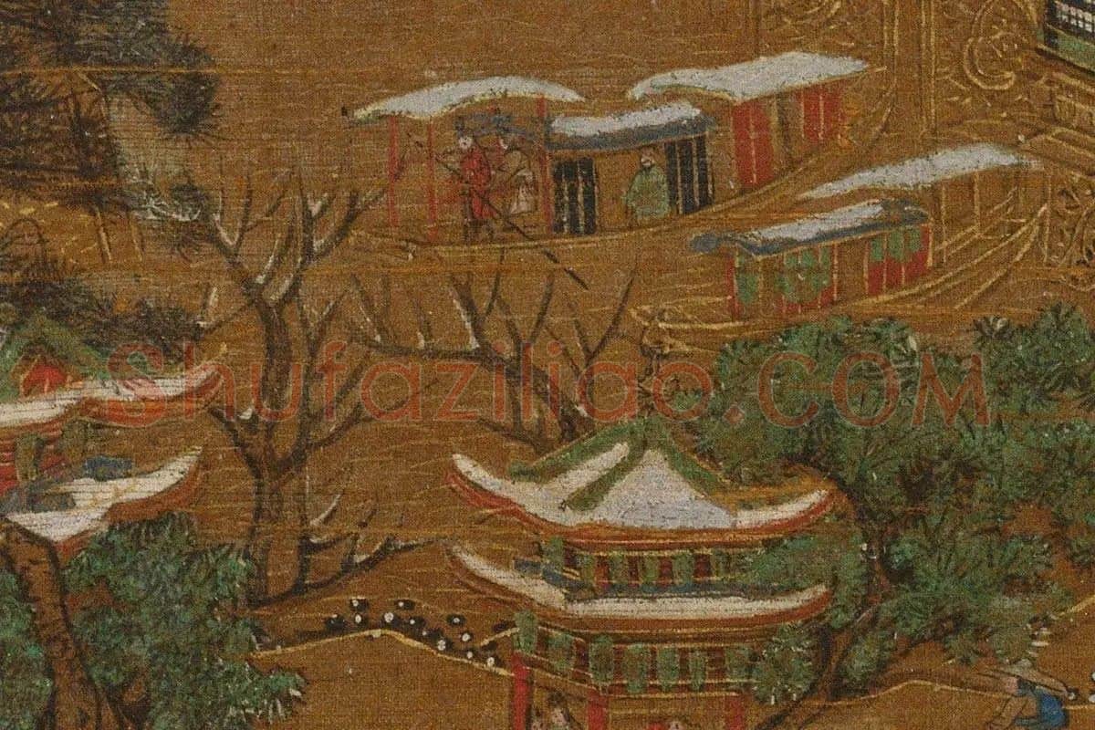 青绿山水楼阁《京畿瑞雪图》高清大图局部细节 (16)