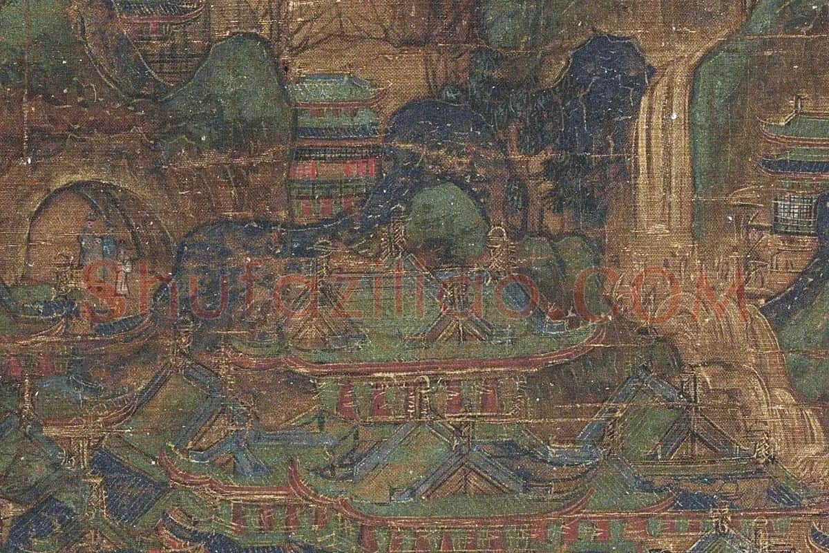 金碧山水《九成避暑图》书画扇面局部细节 (1)