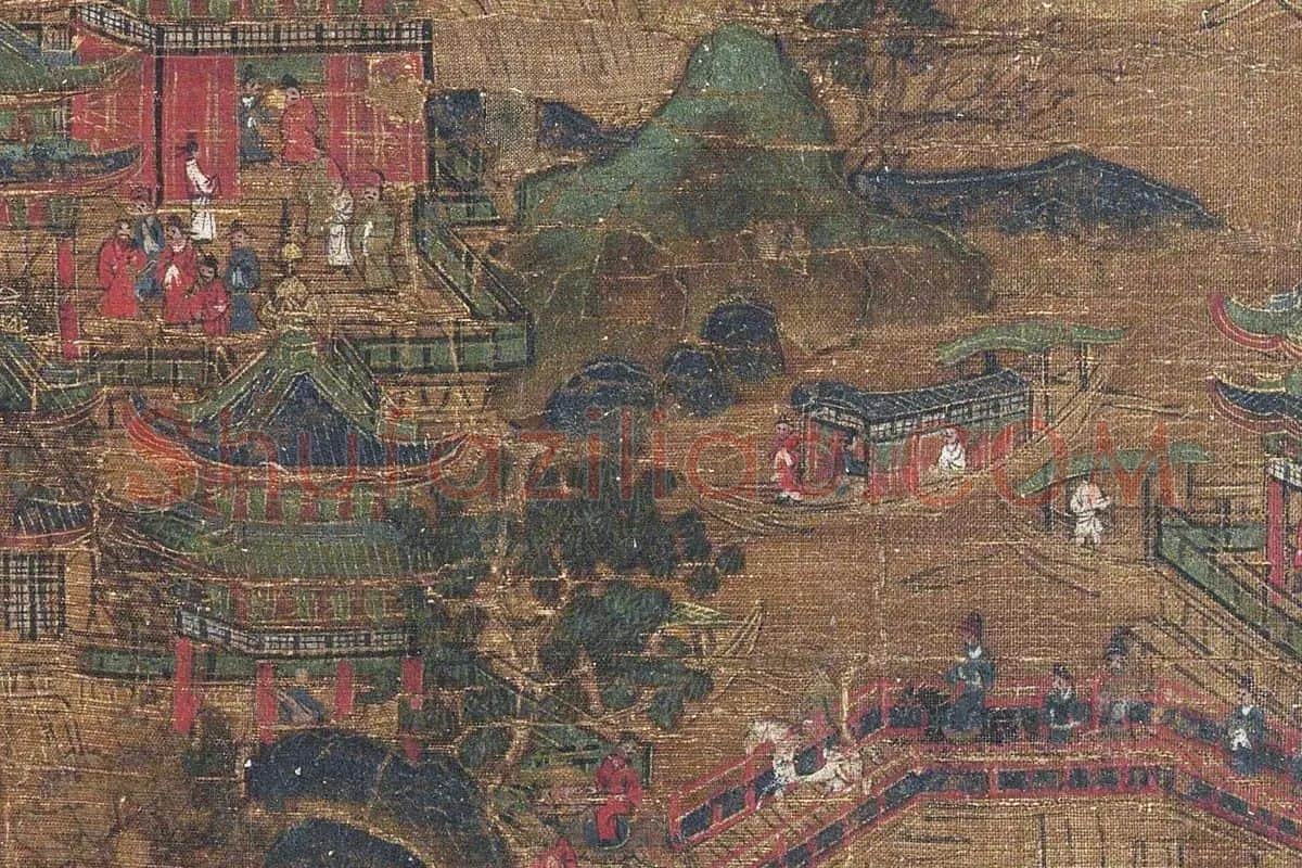 金碧山水《九成避暑图》书画扇面局部细节 (2)