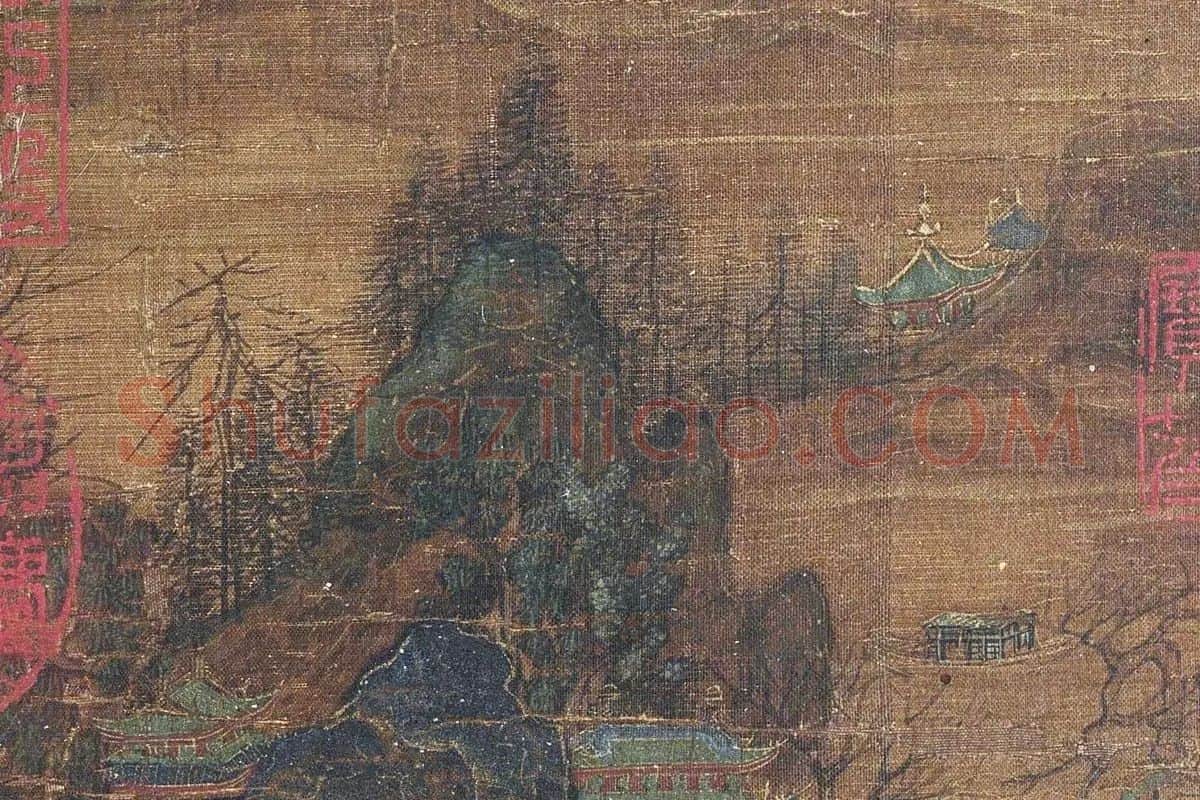 金碧山水《九成避暑图》书画扇面局部细节 (5)