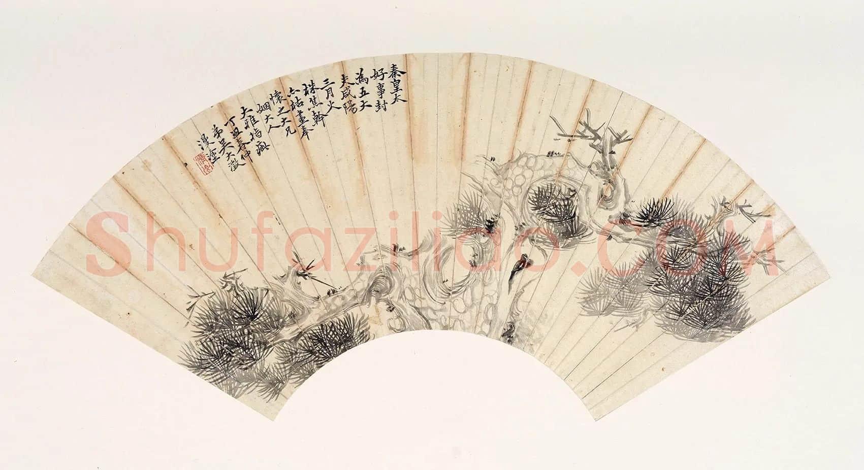 吴大澂水墨画古松扇面