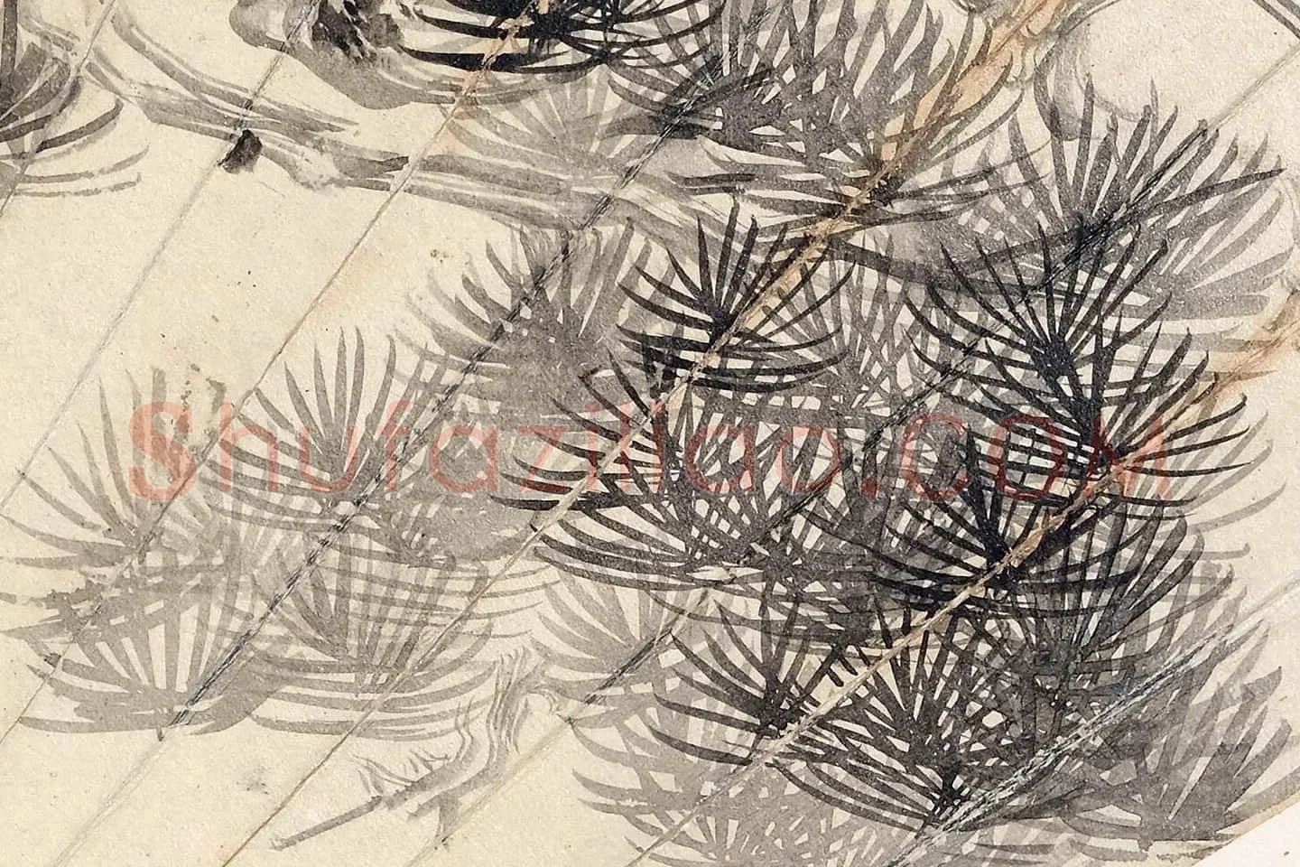 吴大澂水墨画松扇面局部 (1)