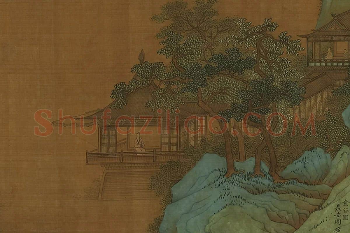 周昉·青绿山水楼阁画《金谷园图》局部 (1)