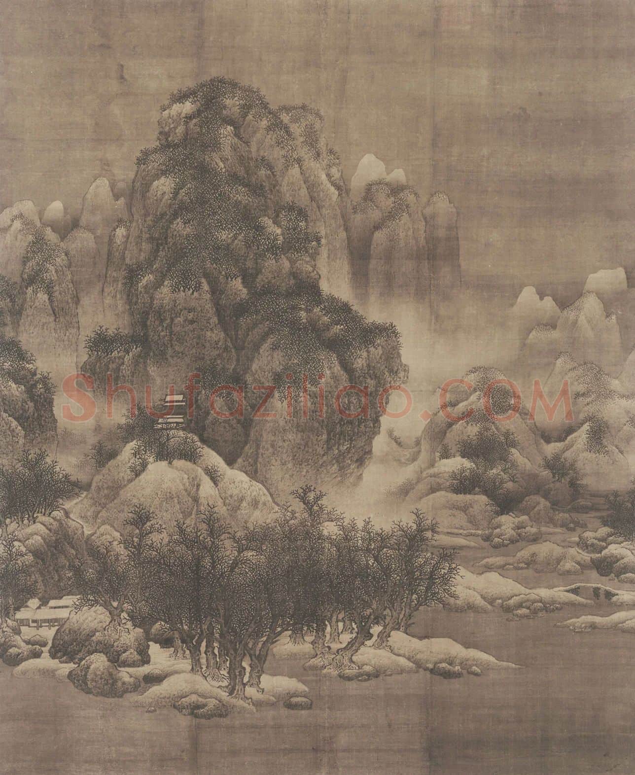 范宽雪景山水画《雪景寒林图》高清图片