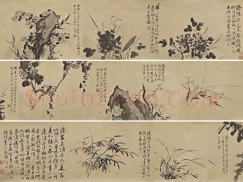 徐渭水墨花卉《墨花九段图卷》 与行书书法题诗