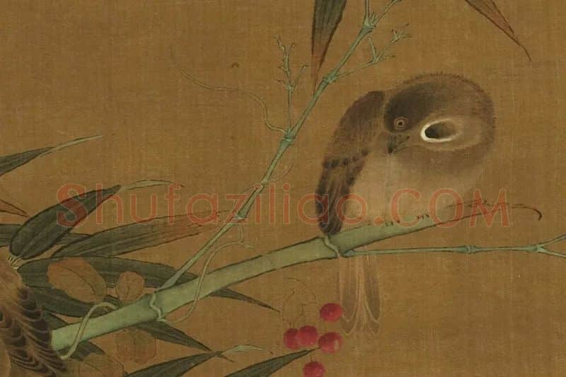 崔白花鸟画《竹雀樱桃图》局部 (1)