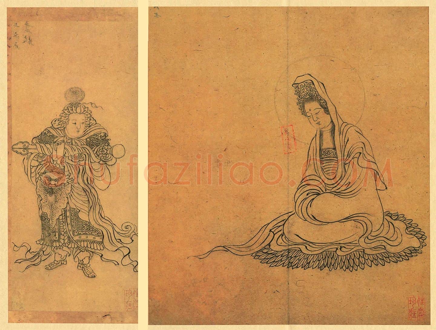 清人白描人物画《观音像与韦陀像》高清图片