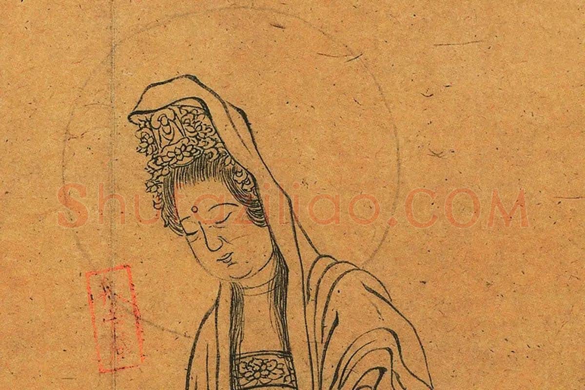 清人白描人物画《观音像与韦陀像》局部 (1)