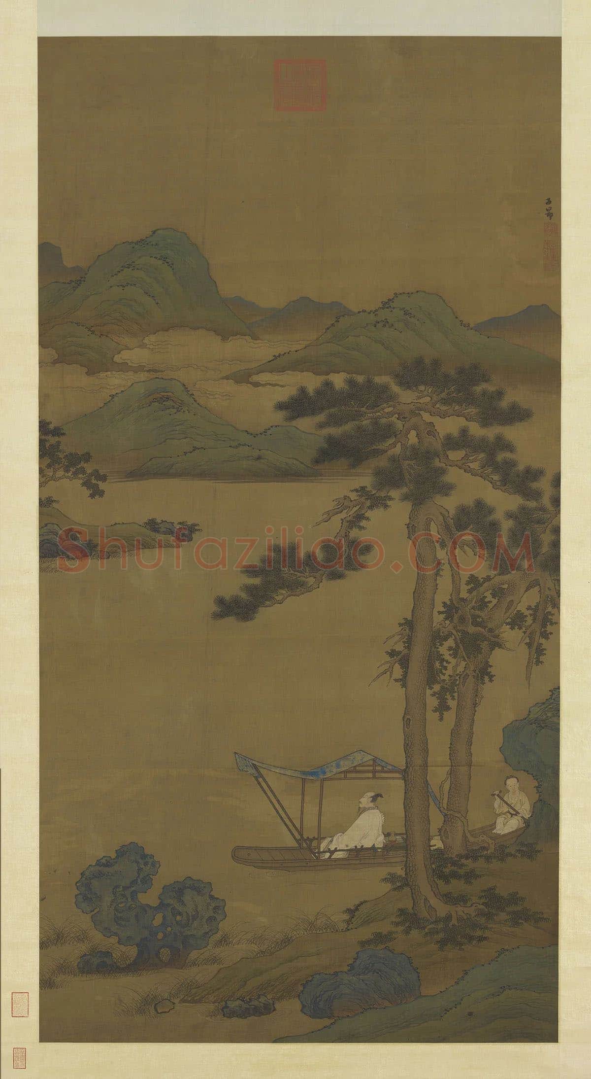 山水人物画《松阴晚棹图》