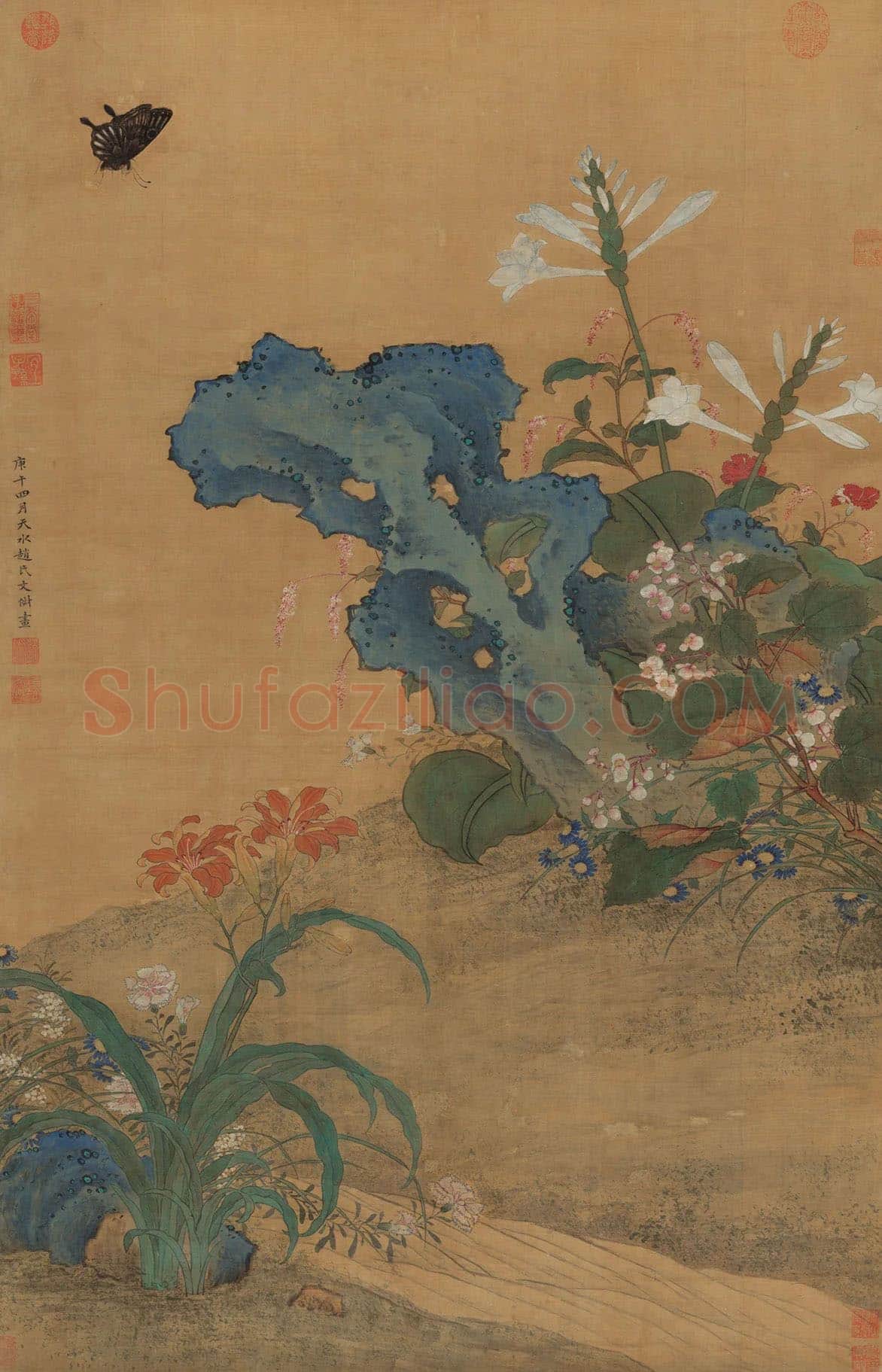 明代·文俶工笔花鸟画《秋花蛱蝶图》