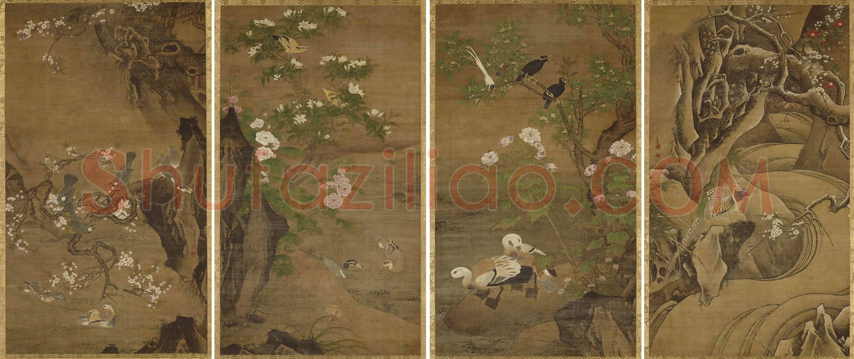 明·吕纪工笔花鸟《四季花鸟图》春夏秋冬四条屏组画