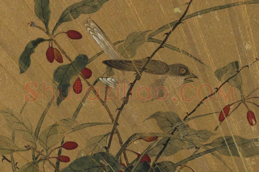 吕纪《画秋林小鸟》扇面页局部 (1)