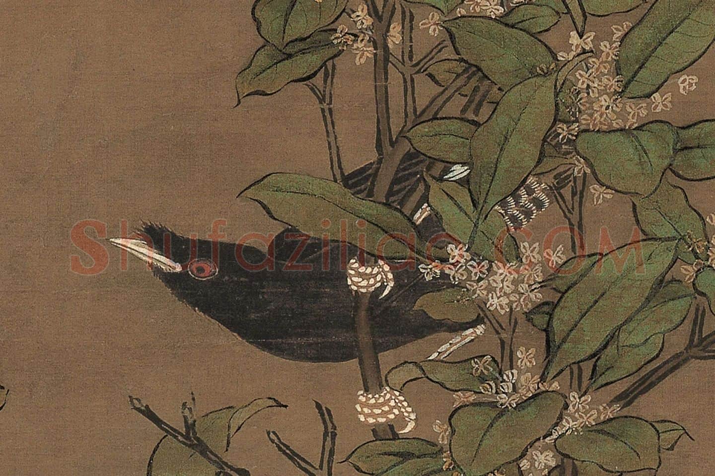吕纪工笔重彩花鸟画《桂菊山禽图》高清大图局部 (3)