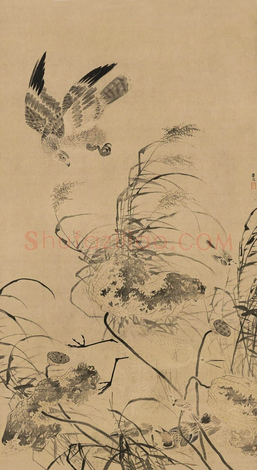 吕纪水墨花鸟《残荷鹰鹭图》轴