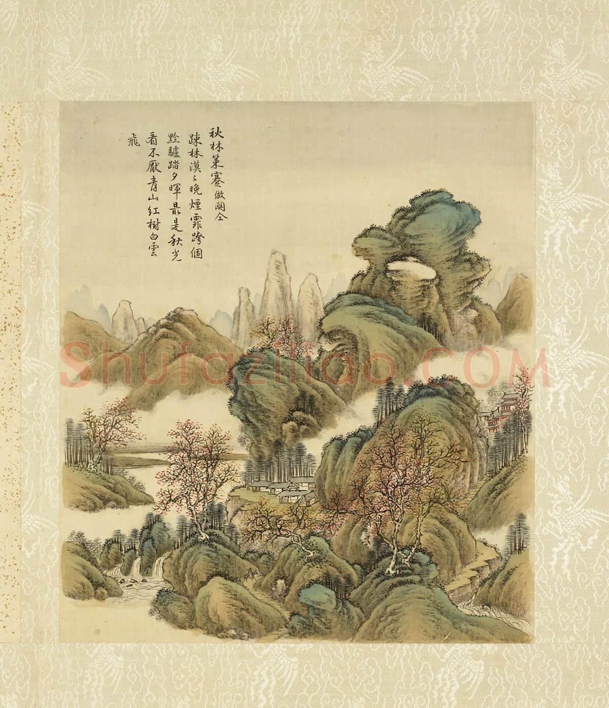 清·周鲲《仿关仝秋林策蹇》秋景山水画