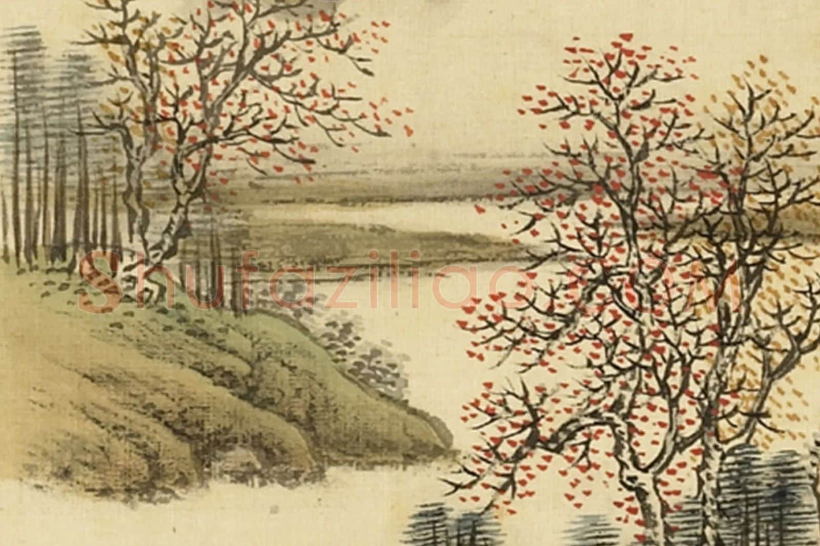 清·周鲲《仿关仝秋林策蹇》山水画局部 (6)