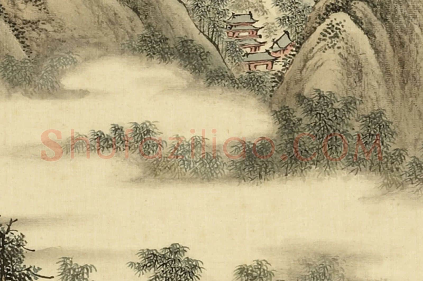 清·周鲲《仿燕文贵竹溪仙馆》山水局部 (3)