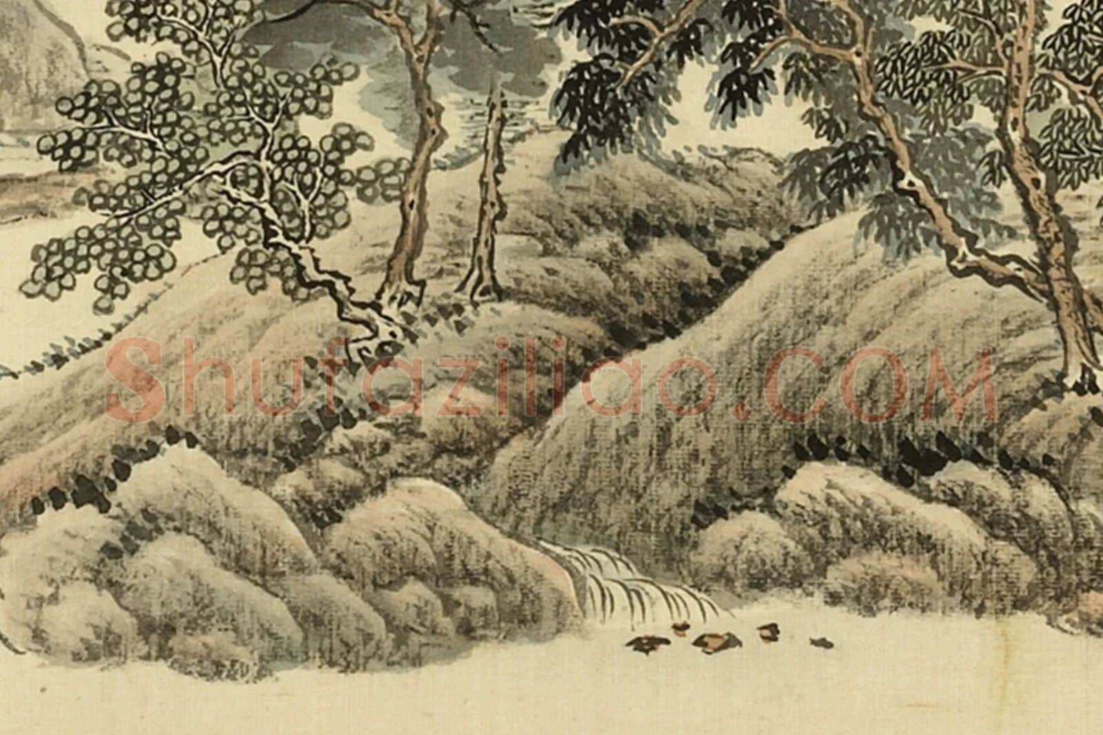 清·周鲲《仿董源夏木垂阴》山水画局部 (1)