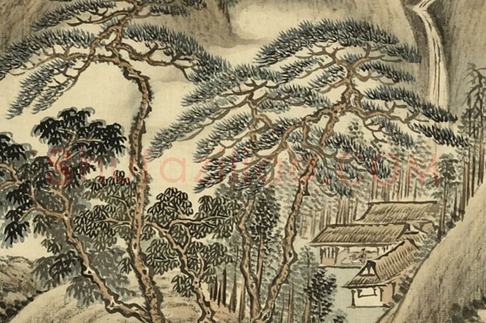 清·周鲲《仿董源夏木垂阴》山水画局部 (2)