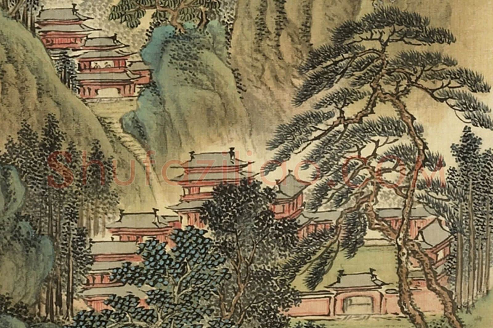 清·周鲲《仿赵孟頫仙山楼阁》山水画局部 (2)