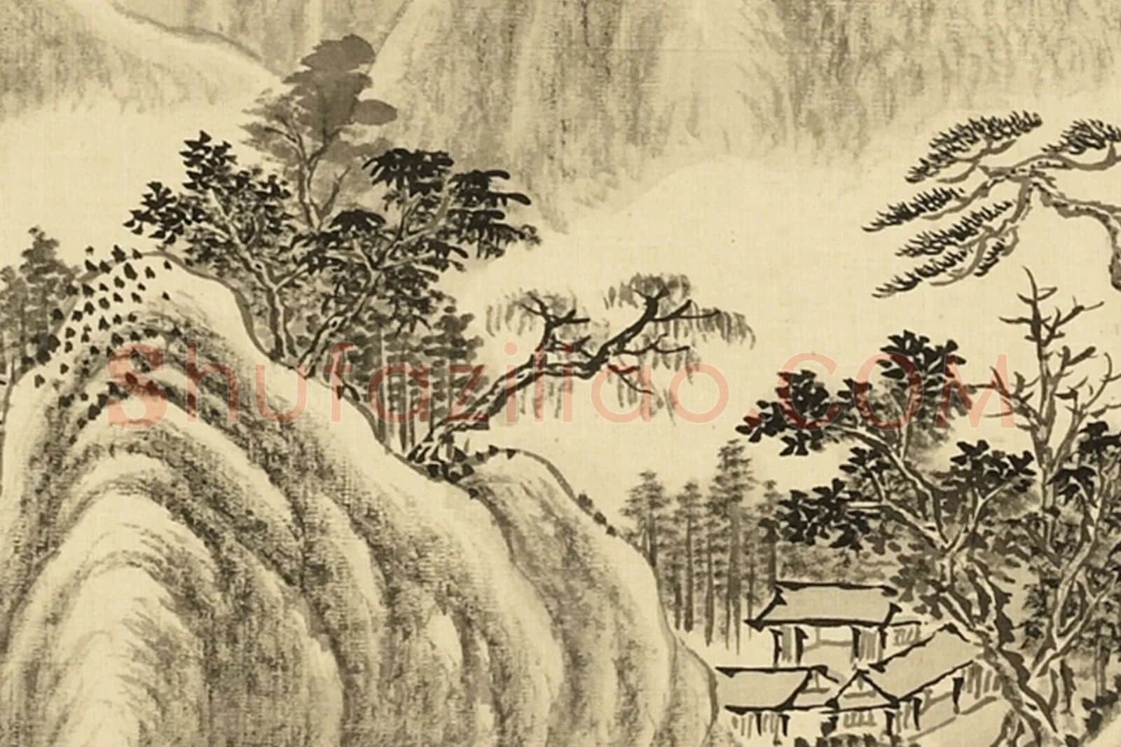 清·周鲲《仿巨然烟浮列岫》山水画局部 (2)