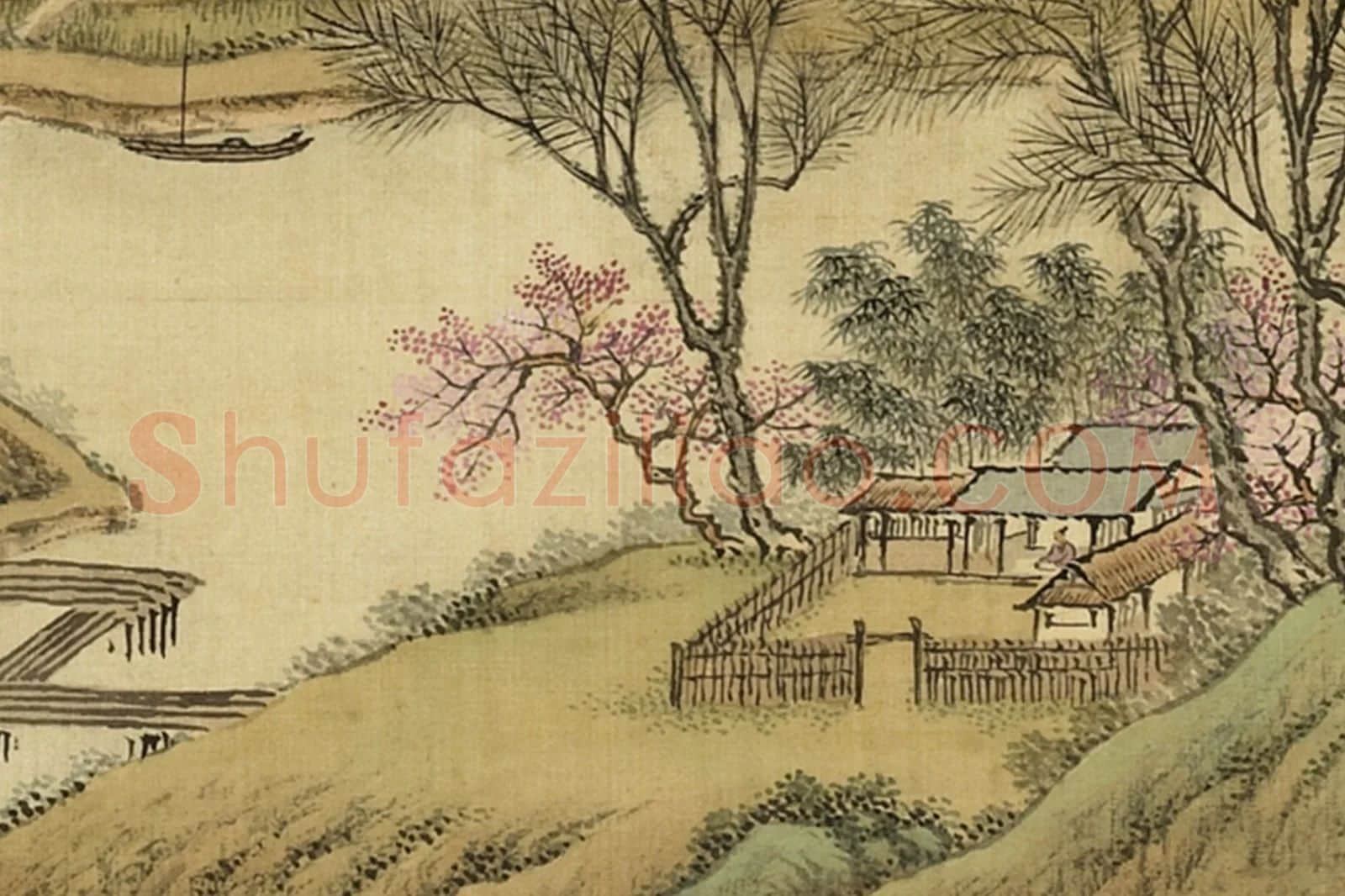 清·周鲲《仿赵令穰雨霁春耕》春景山水画局部 (2)