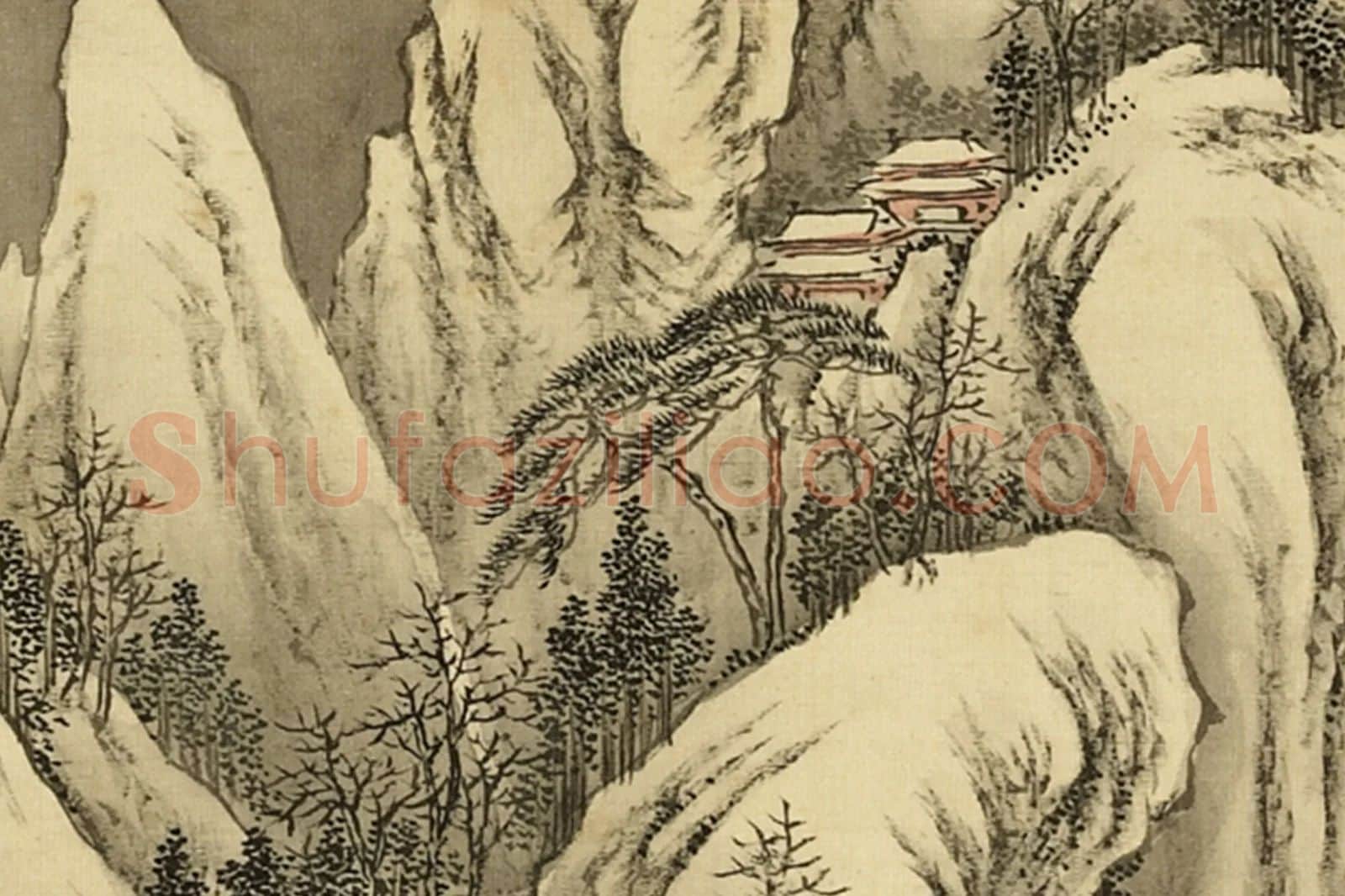 清·周鲲《仿李成峨嵋积雪》山水画雪景局部 (4)