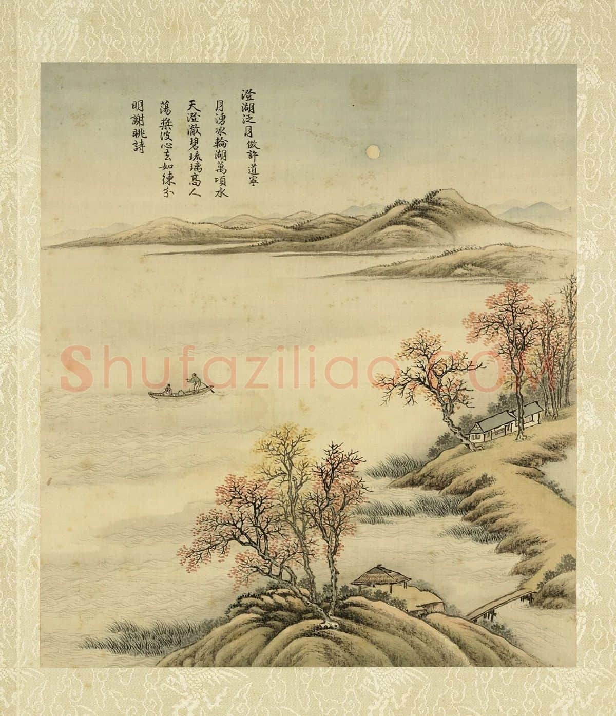 清·周鲲《仿许道宁澄湖泛月》山水画夜景