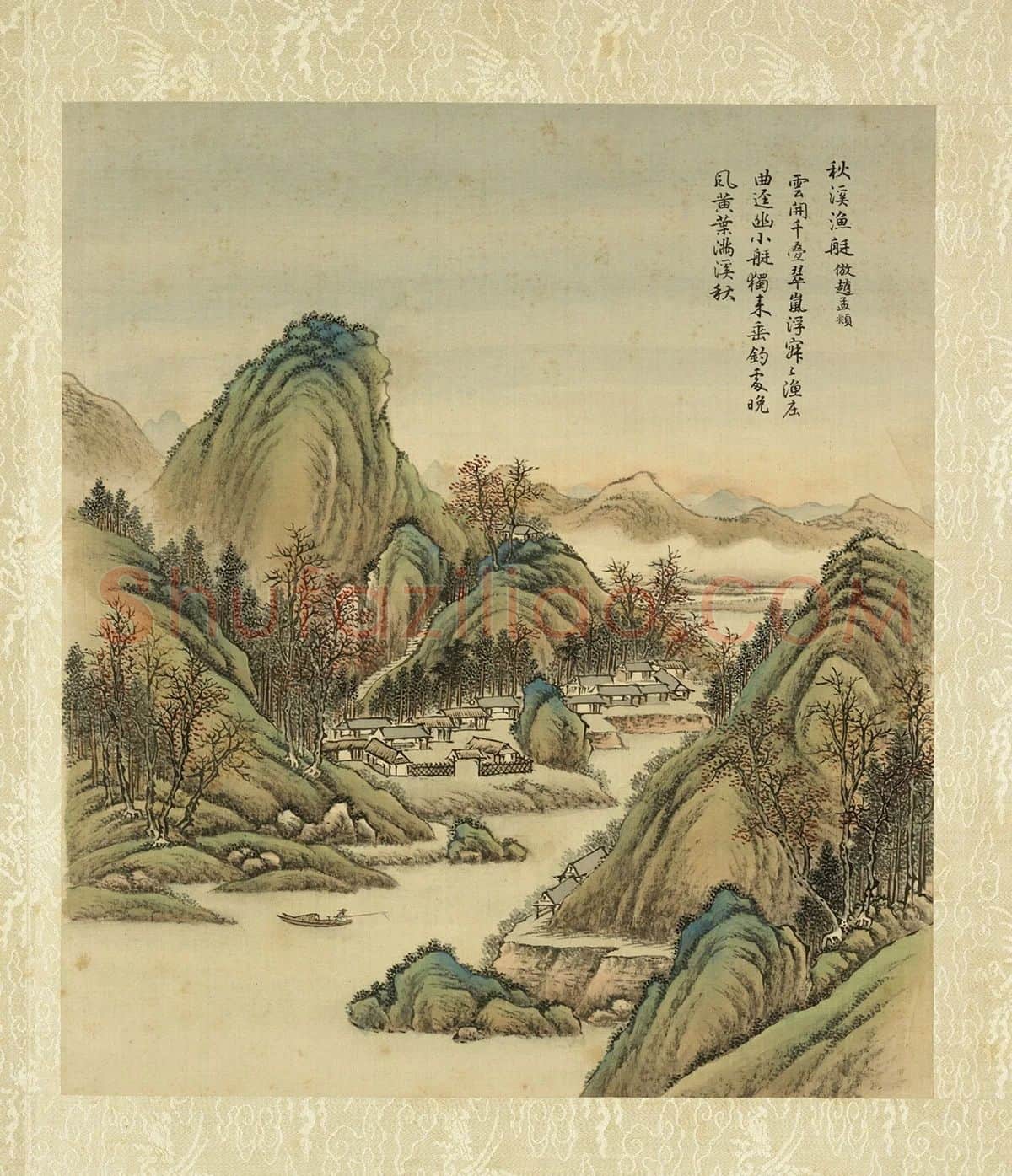 清·周鲲《仿赵孟頫秋溪渔艇》山水画