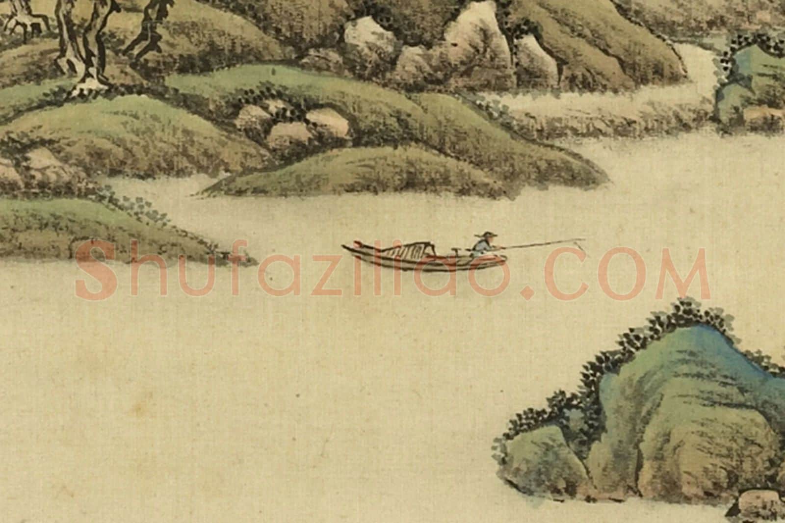 清·周鲲《仿赵孟頫秋溪渔艇》山水画局部 (1)