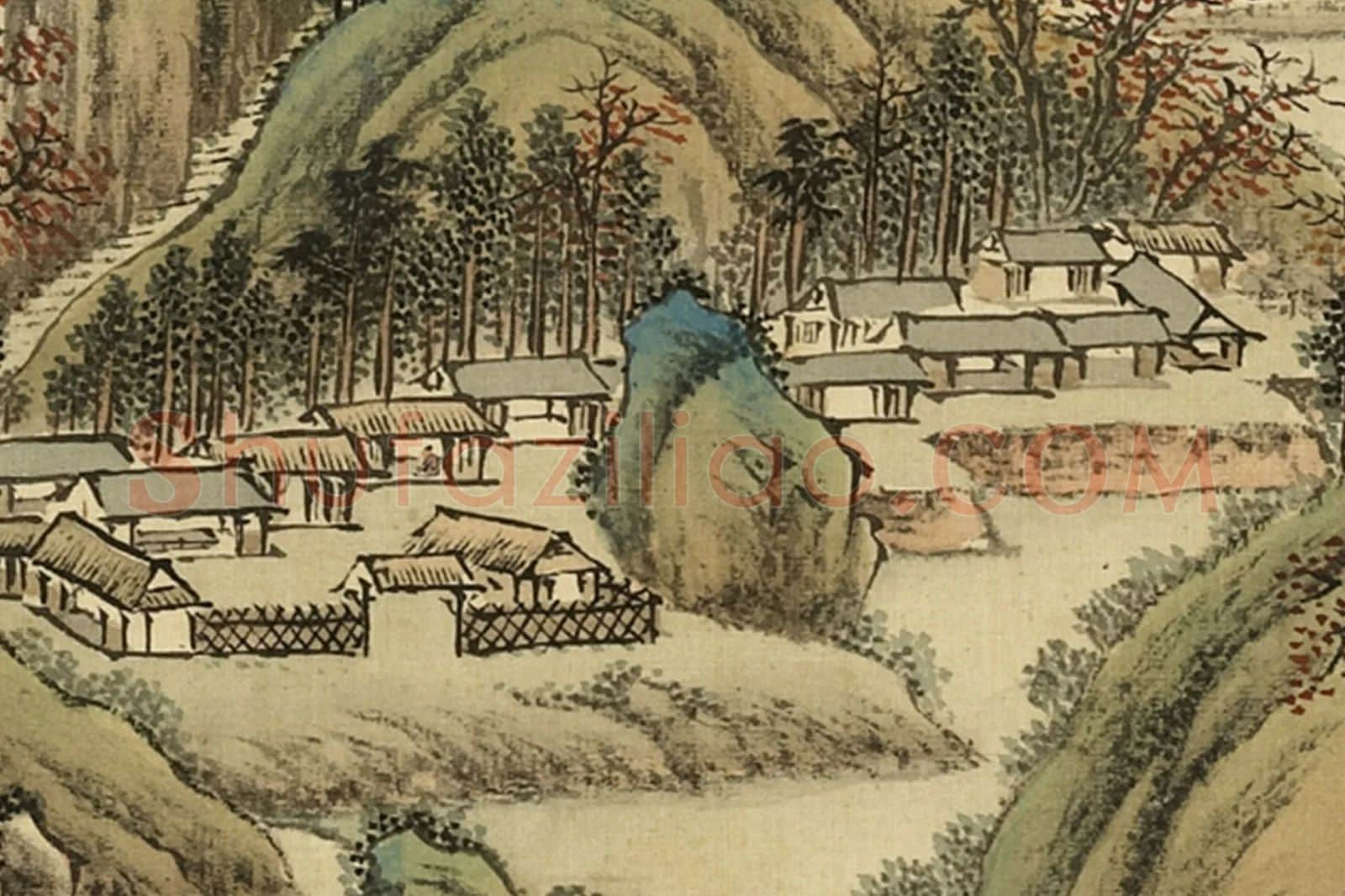 清·周鲲《仿赵孟頫秋溪渔艇》山水画局部 (2)