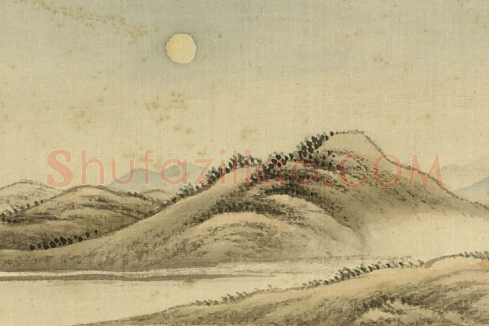 清·周鲲《仿许道宁澄湖泛月》山水画夜景局部 (5)