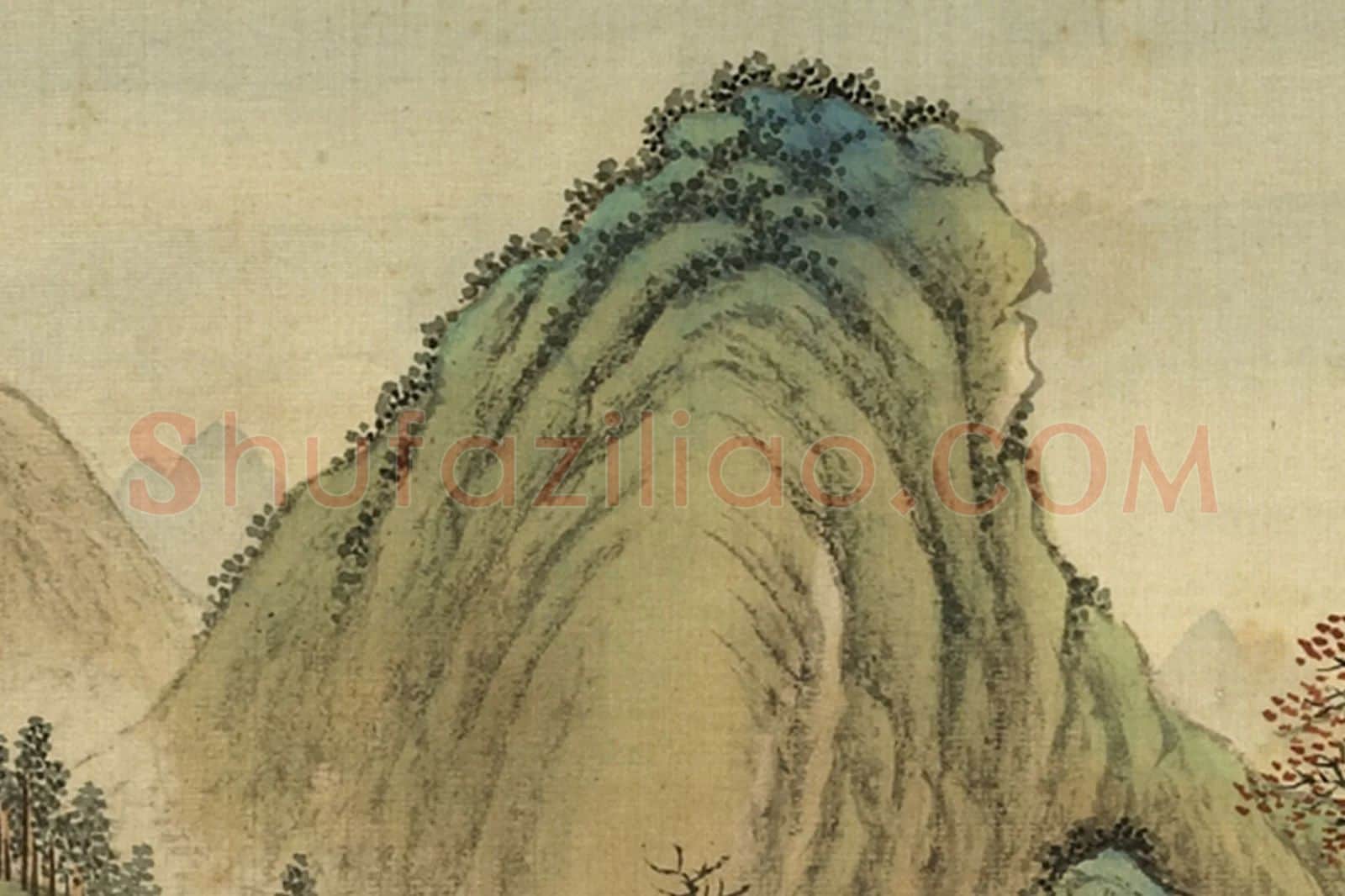 清·周鲲《仿赵孟頫秋溪渔艇》山水画局部 (4)