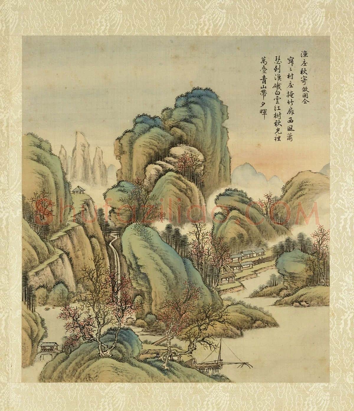 清·周鲲《仿关仝渔庄秋寄》山水画秋景