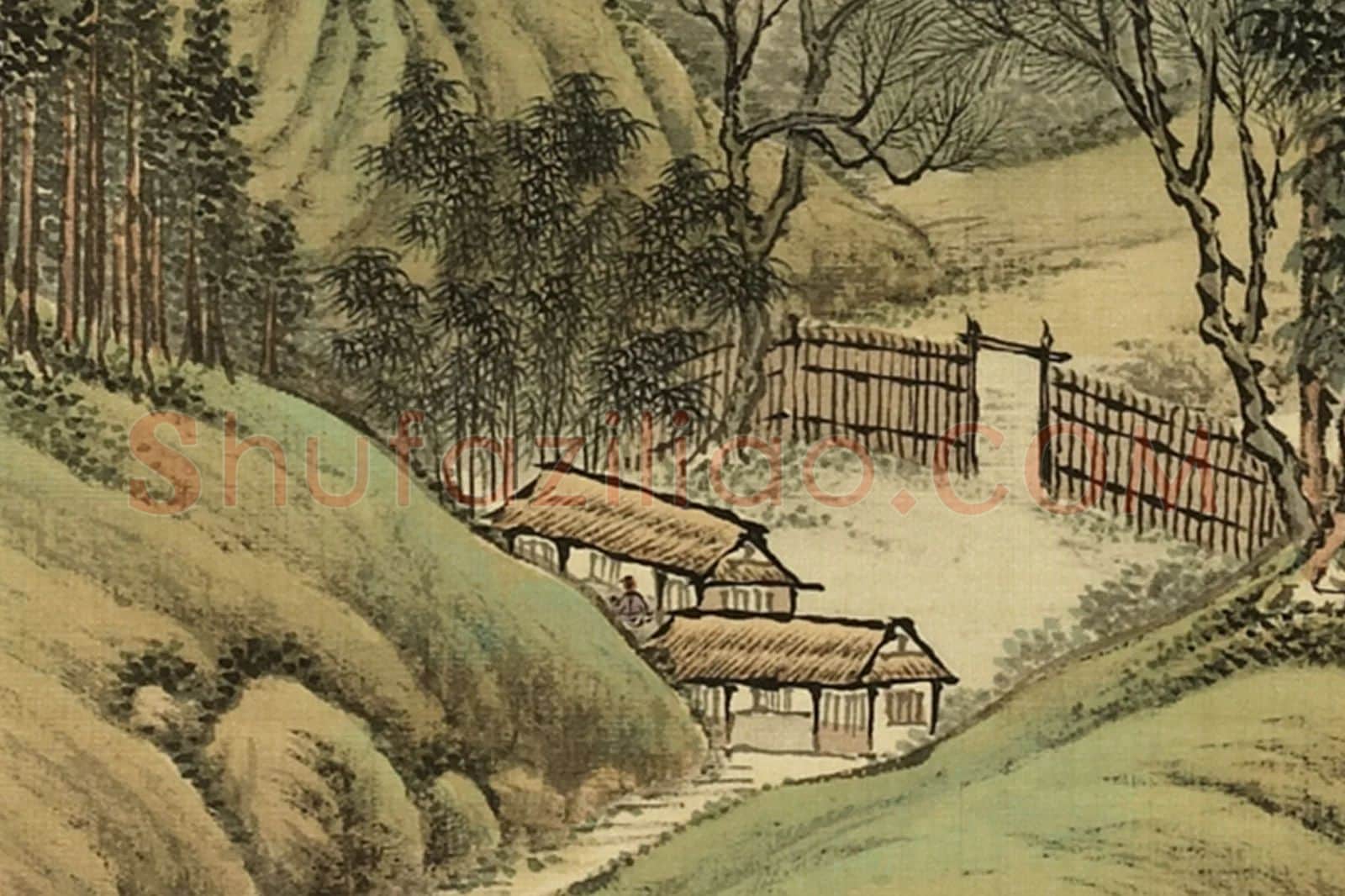 清·周鲲《仿赵令穰湖庄清夏》山水画夏景局部 (1)