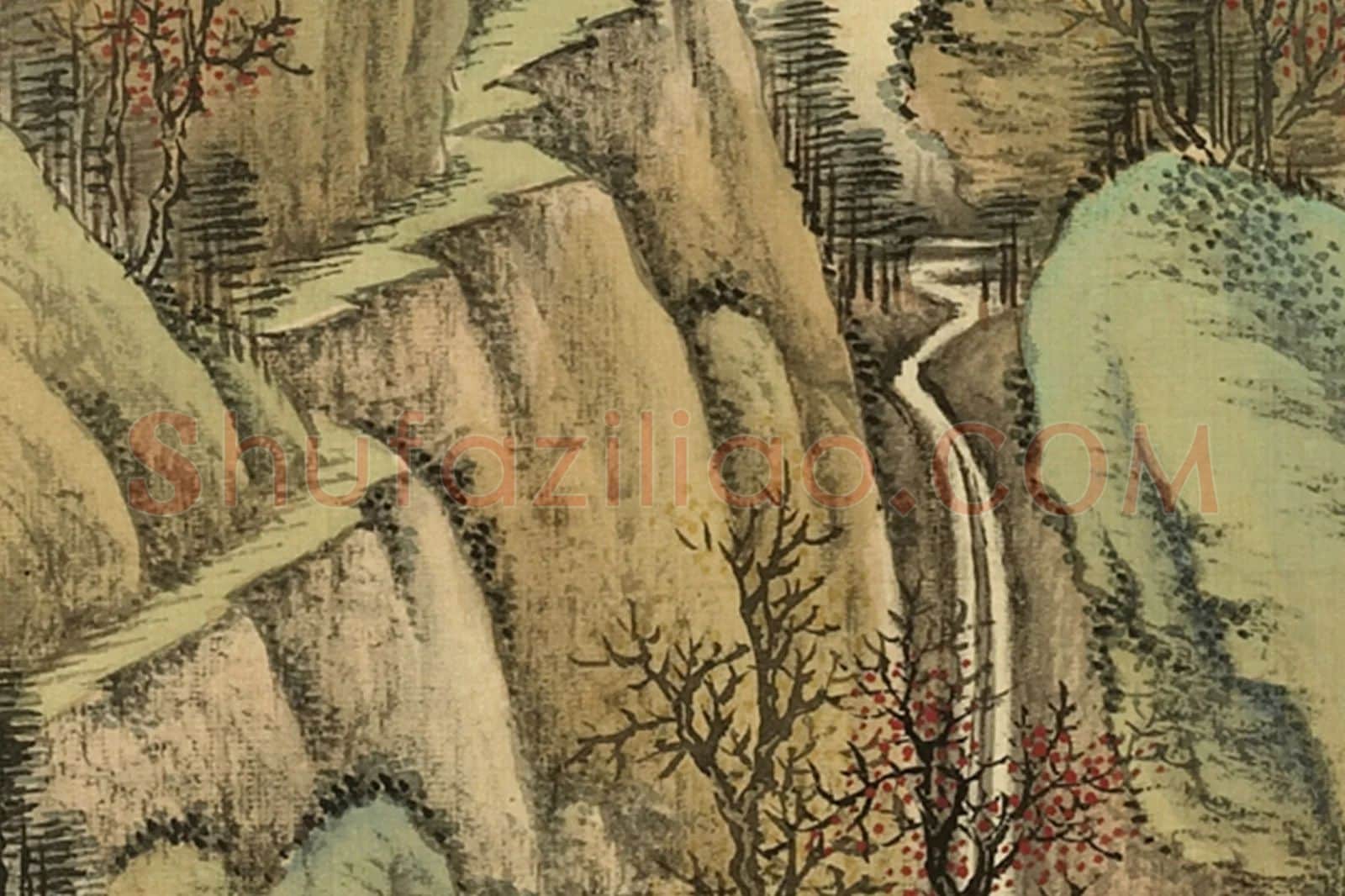 清·周鲲《仿关仝渔庄秋寄》山水画秋景局部 (4)