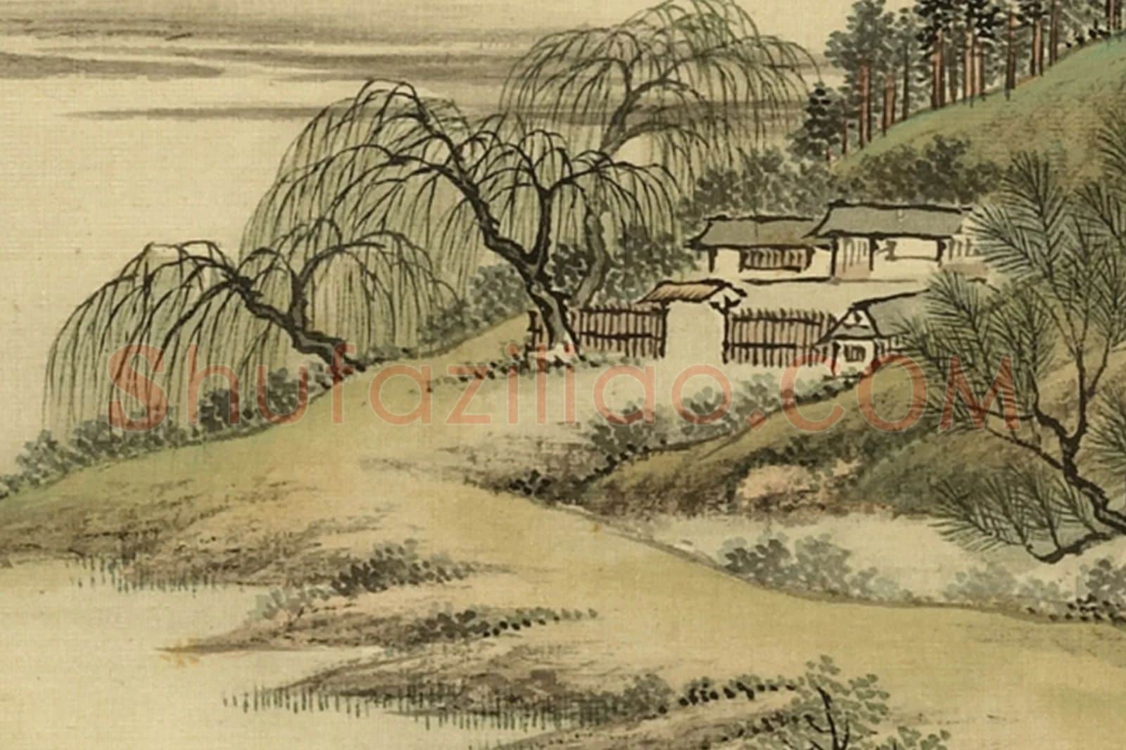 清·周鲲《仿赵令穰湖庄清夏》山水画夏景局部 (4)