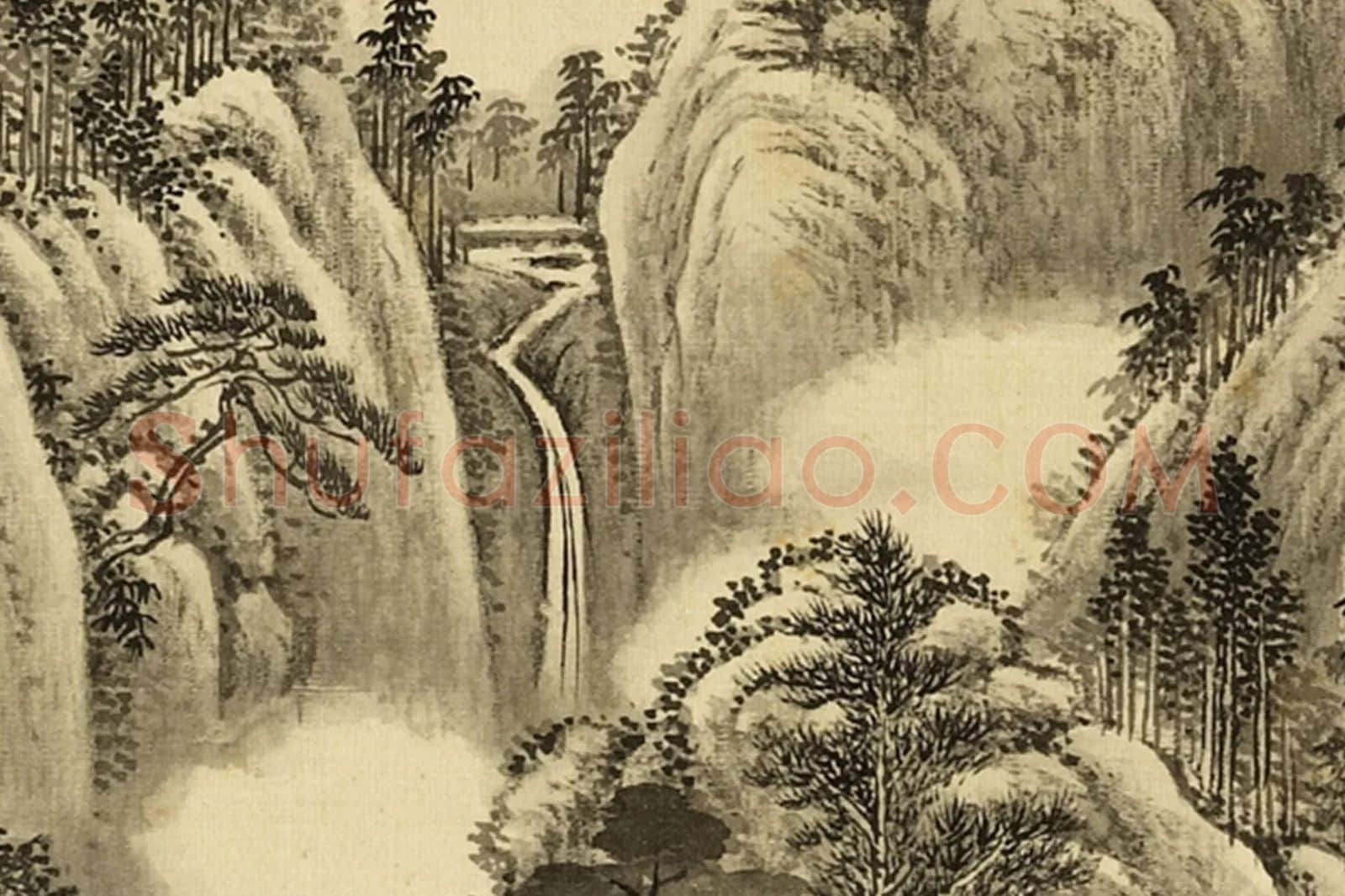 清·周鲲《仿巨然夏山过雨》夏景山水画局部 (4)