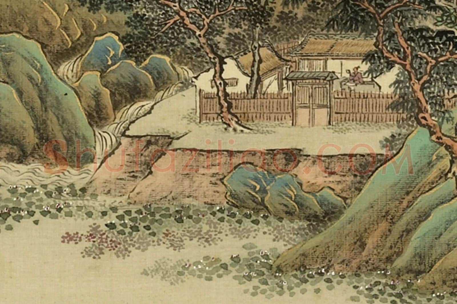 清·周鲲《仿李思训夏日幽居》夏景青绿山水画局部 (2)