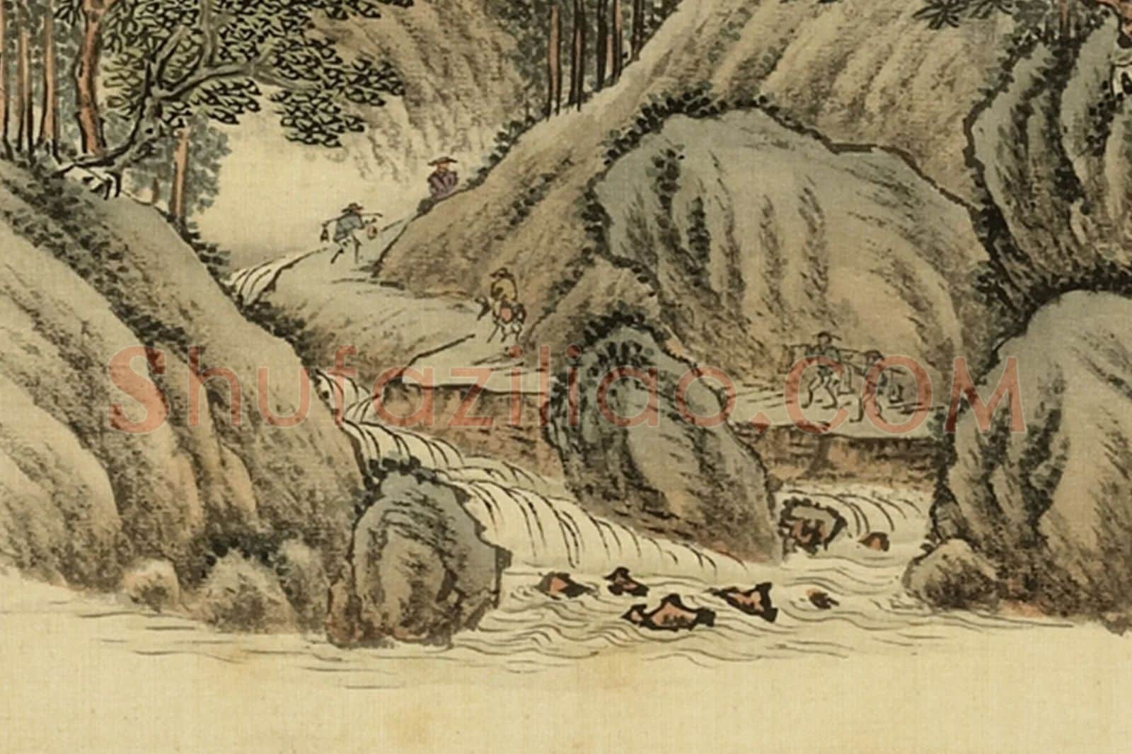清·周鲲《仿范宽关山行旅》山水画局部 (2)