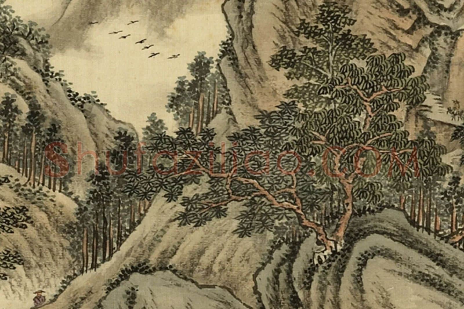 清·周鲲《仿范宽关山行旅》山水画局部 (4)