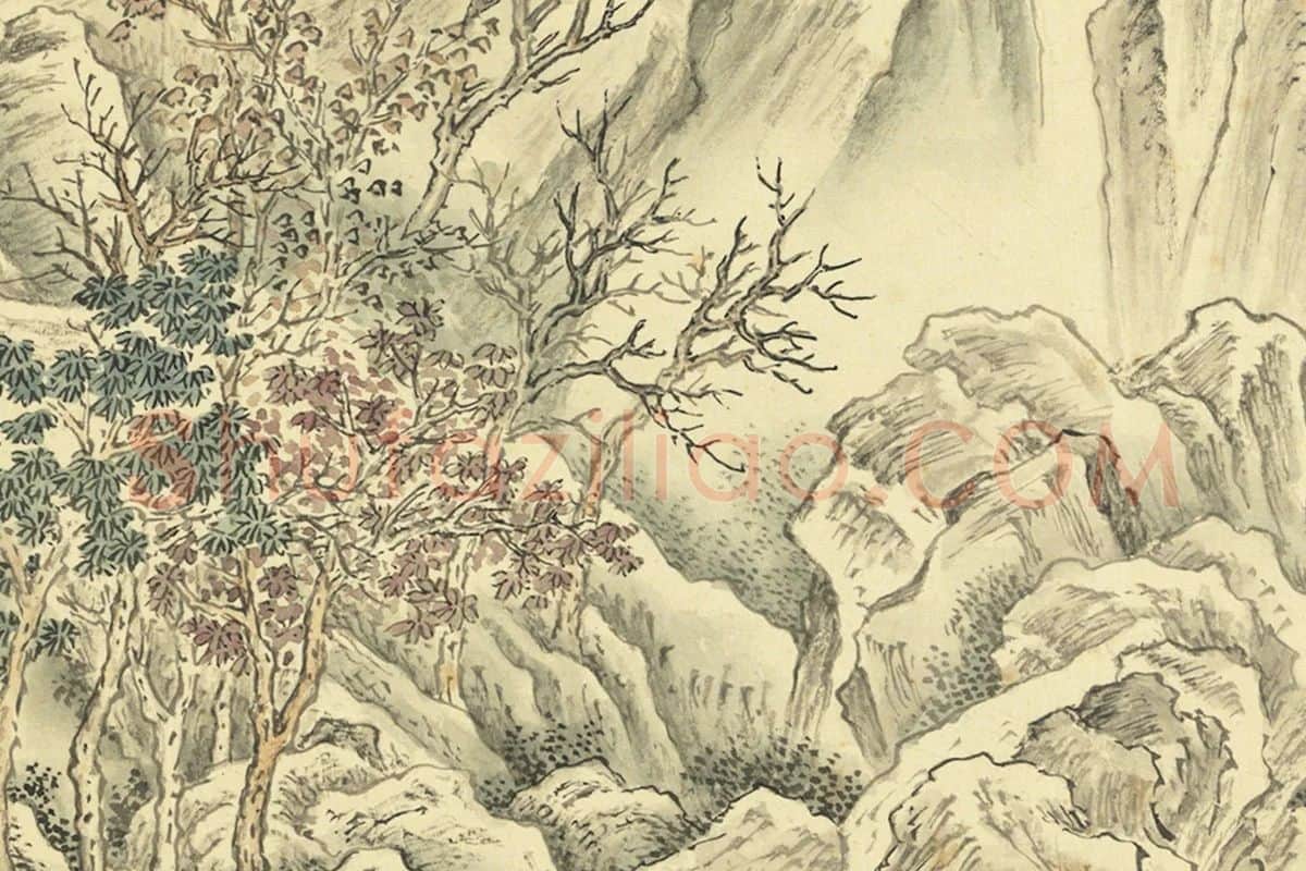 周鲲摹唐寅终南十景图·桃烟廷山水画局部 (2)