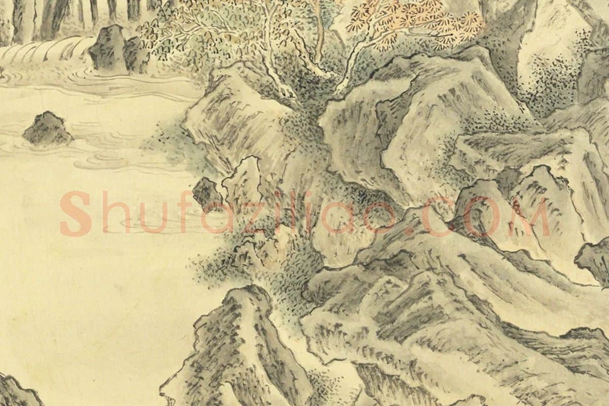 周鲲摹唐寅终南十景图·金碧潭山水人物画局部 (3)